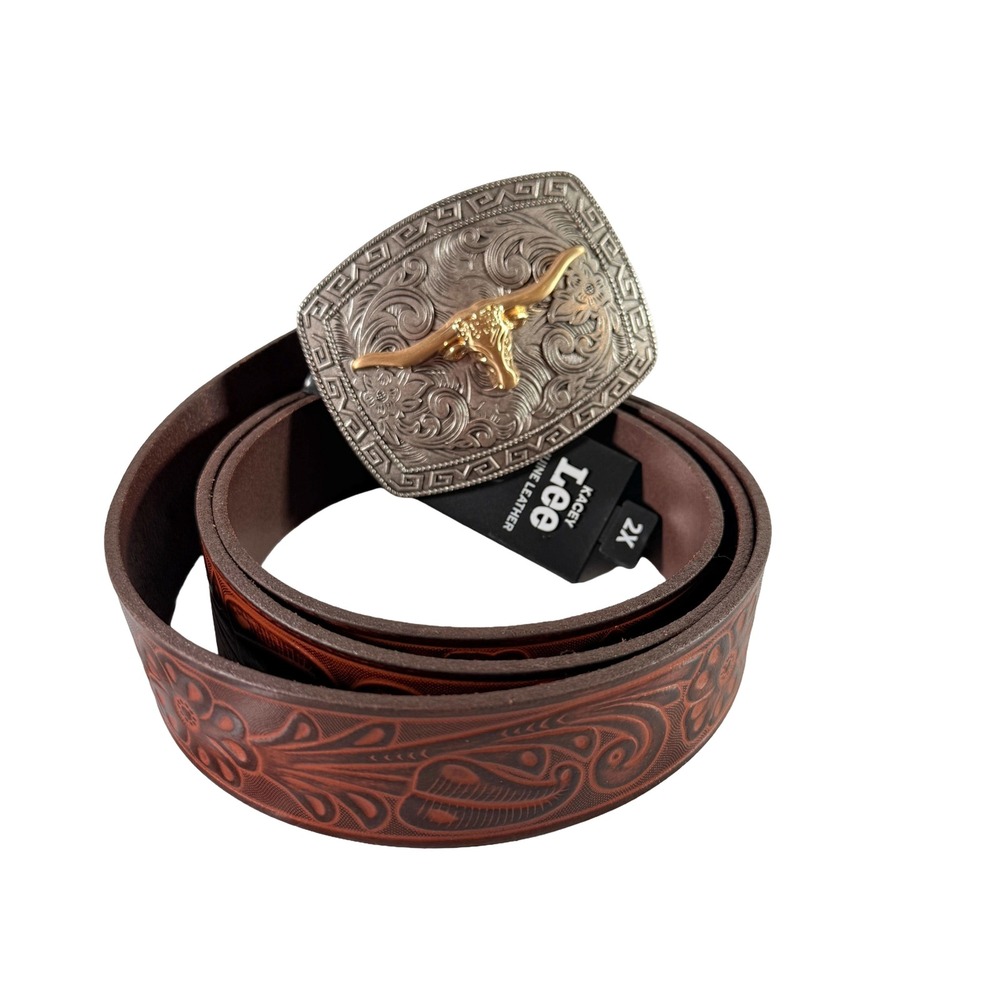 Kacey Lee Mens Western Longhorn Embossed Leather Belt Brown 2XL Silver Gold